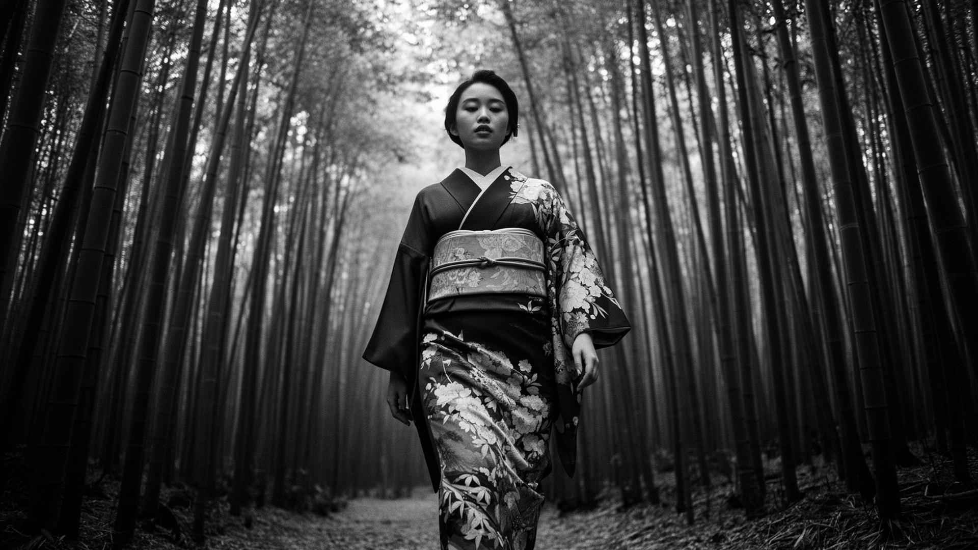 Woman in floral kimono walking through bamboo forest in Kyoto